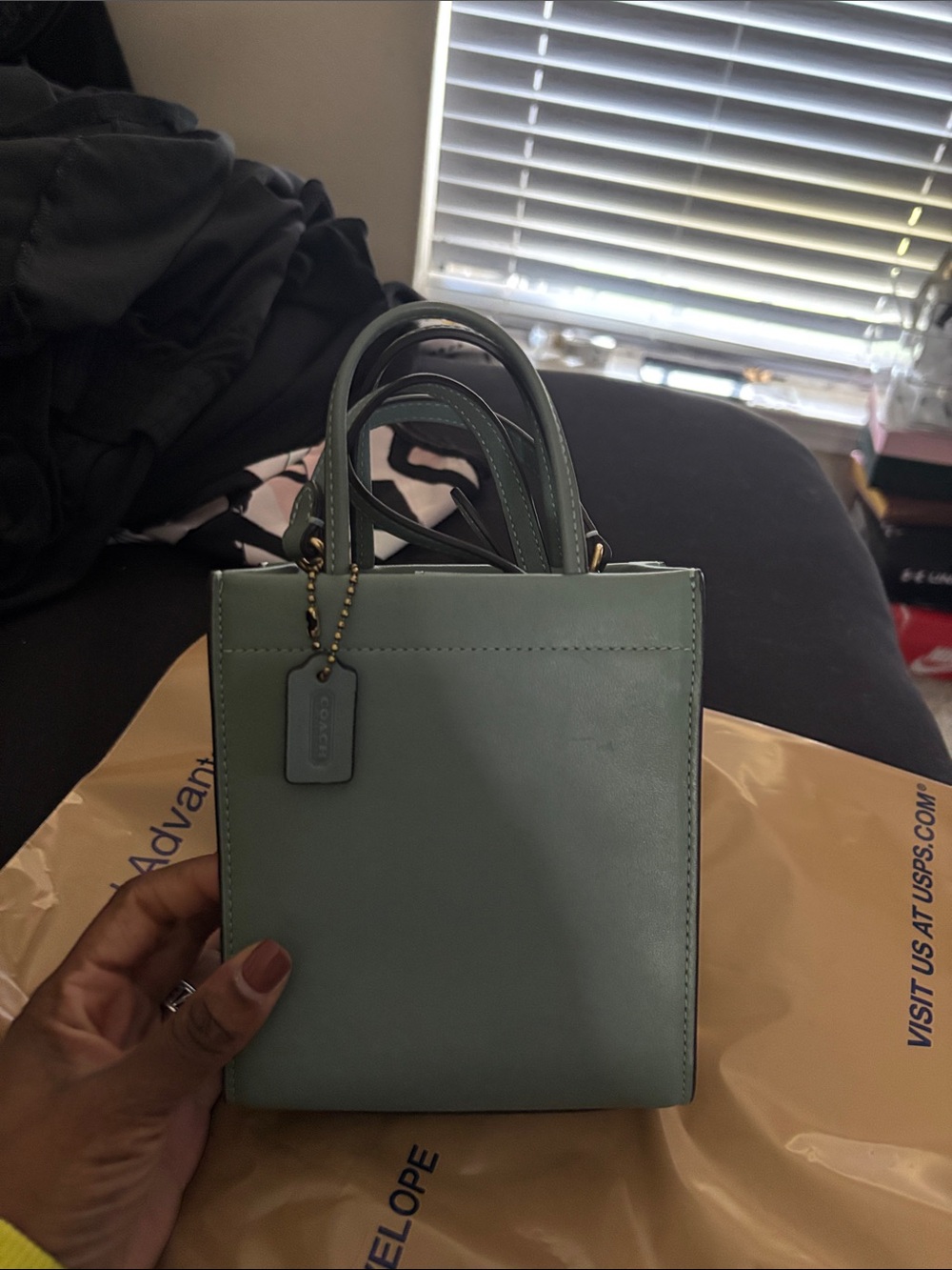 New Coach Small Square Leather Tote Bag in Sage